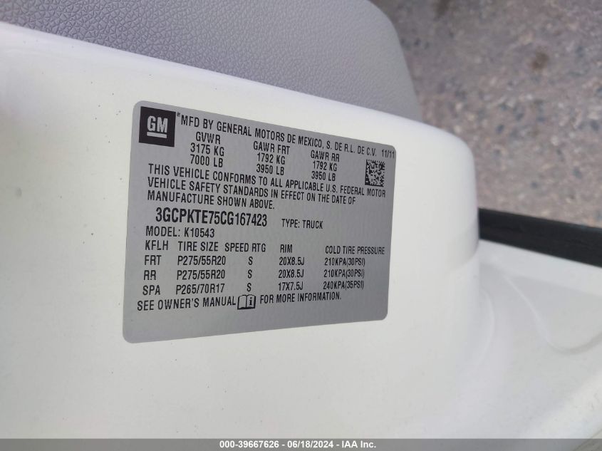 2012 Chevrolet Silverado 1500 Ltz VIN: 3GCPKTE75CG167423 Lot: 39667626