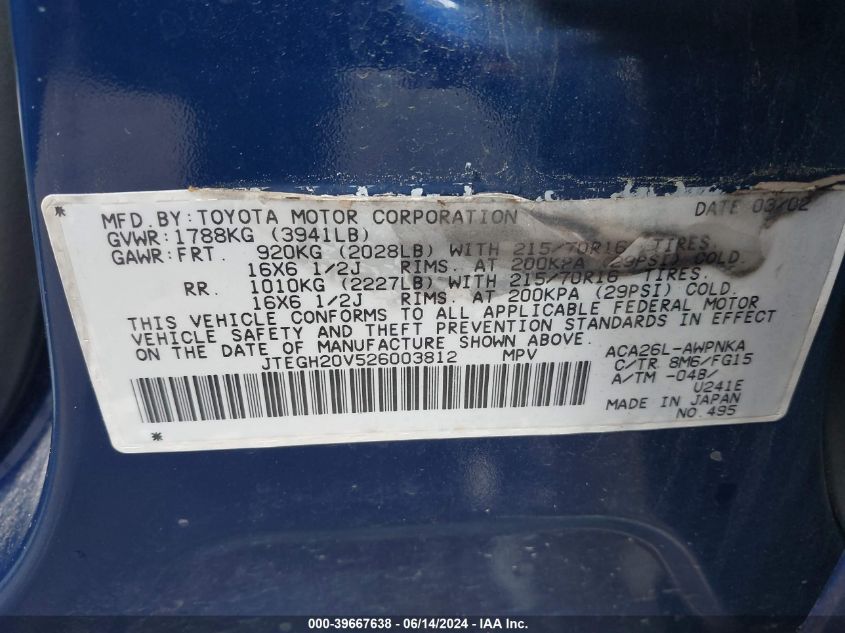 2002 Toyota Rav4 VIN: JTEGH20V526003812 Lot: 39667638