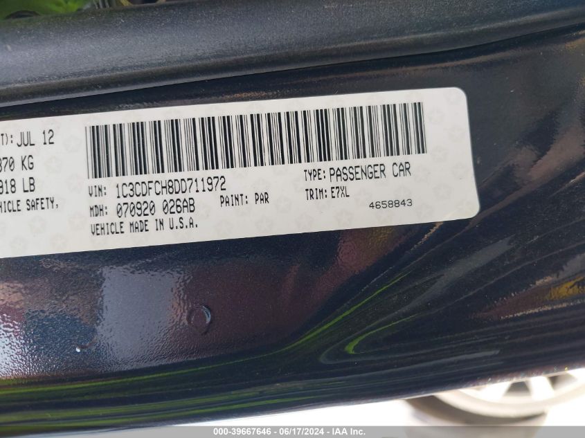 2013 Dodge Dart Limited VIN: 1C3CDFCH8DD711972 Lot: 39667646