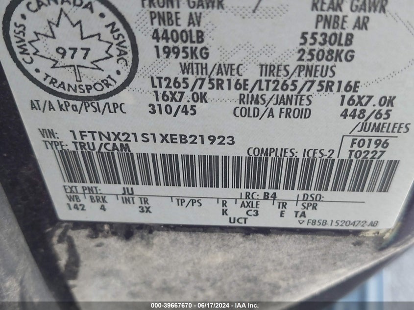 1999 Ford F-250 Lariat/Xl/Xlt VIN: 1FTNX21S1XEB21923 Lot: 39667670