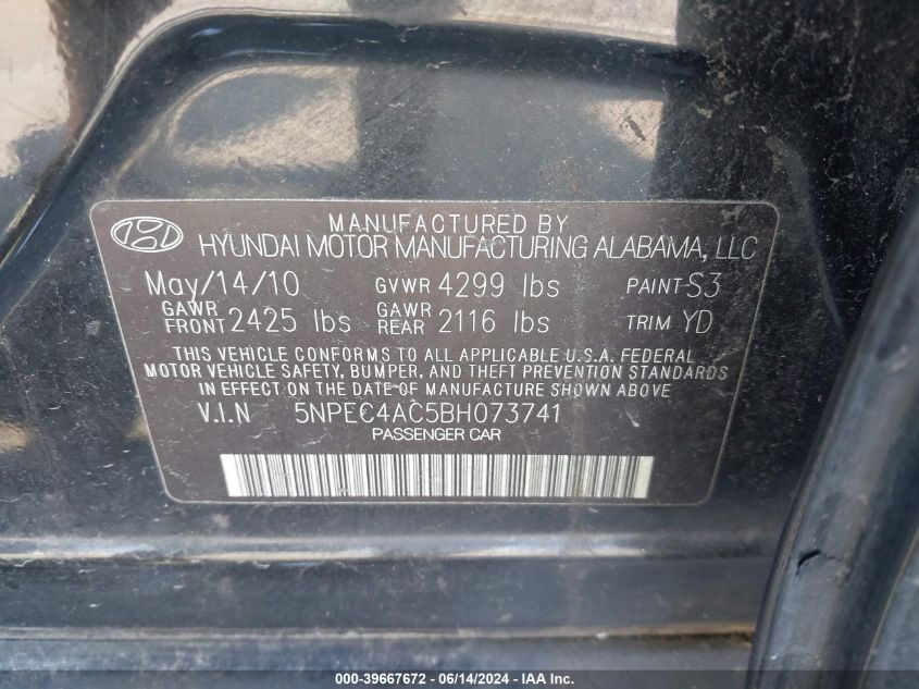 5NPEC4AC5BH073741 | 2011 HYUNDAI SONATA