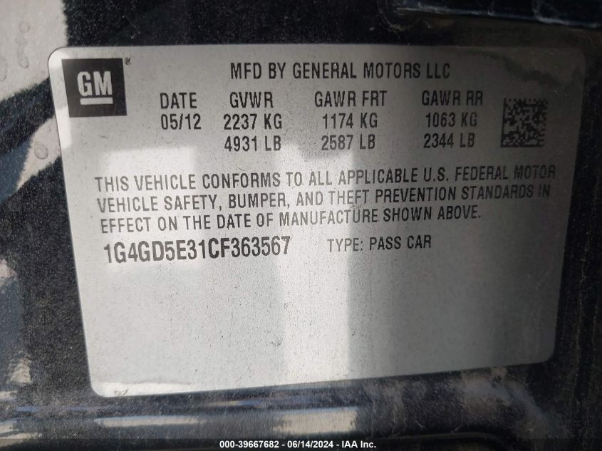 2012 Buick Lacrosse Premium 1 Group VIN: 1G4GD5E31CF363567 Lot: 39667682