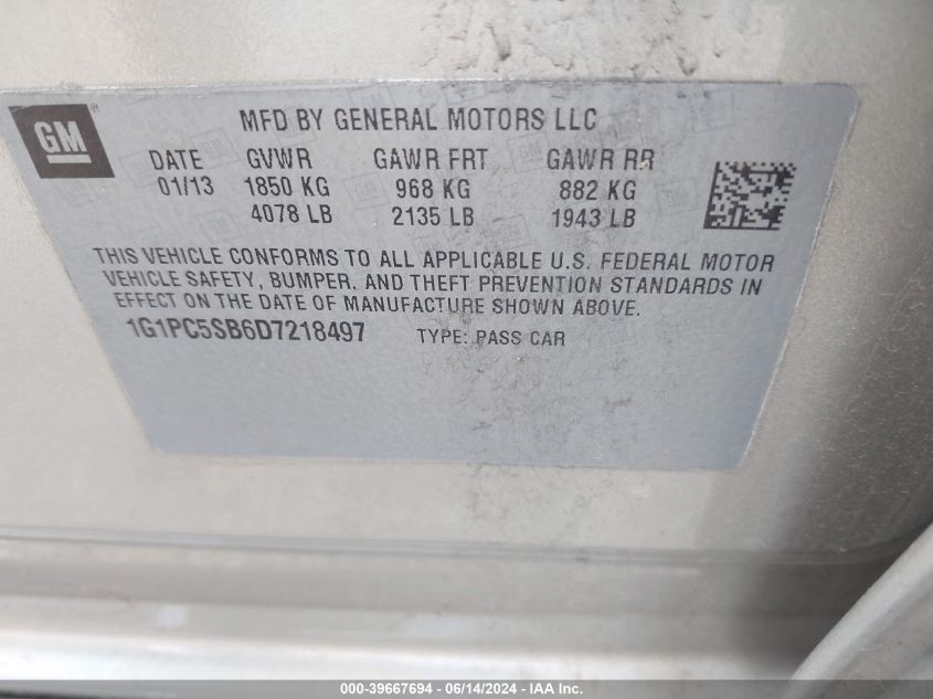 2013 Chevrolet Cruze 1Lt Auto VIN: 1G1PC5SB6D7218497 Lot: 39667694