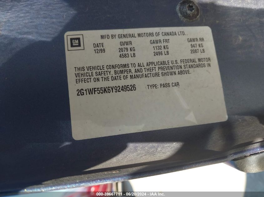 2000 Chevrolet Impala VIN: 2G1WF55K6Y9249526 Lot: 39667711