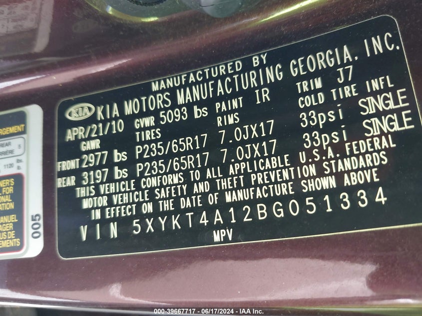 2011 Kia Sorento Lx VIN: 5XYKT4A12BG051334 Lot: 39667717