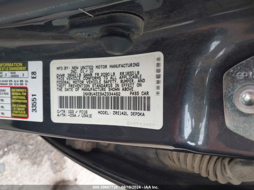 2010 Toyota Corolla Le VIN: 1NXBU4EE9AZ334462 Lot: 39667726