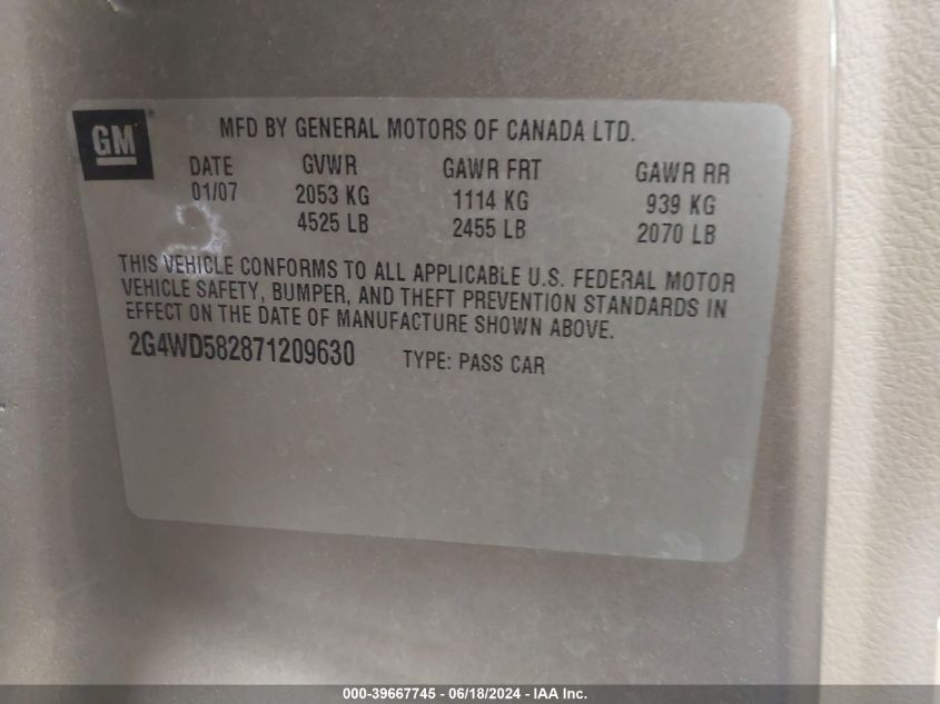 2007 Buick Lacrosse Cxl VIN: 2G4WD582871209630 Lot: 39667745