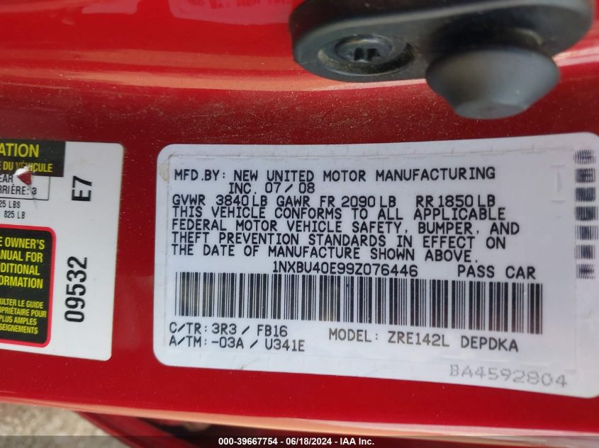 2009 Toyota Corolla VIN: 1NXBU40E99Z076446 Lot: 39667754