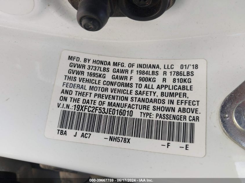 2018 Honda Civic Lx VIN: 19XFC2F53JE016010 Lot: 39667759