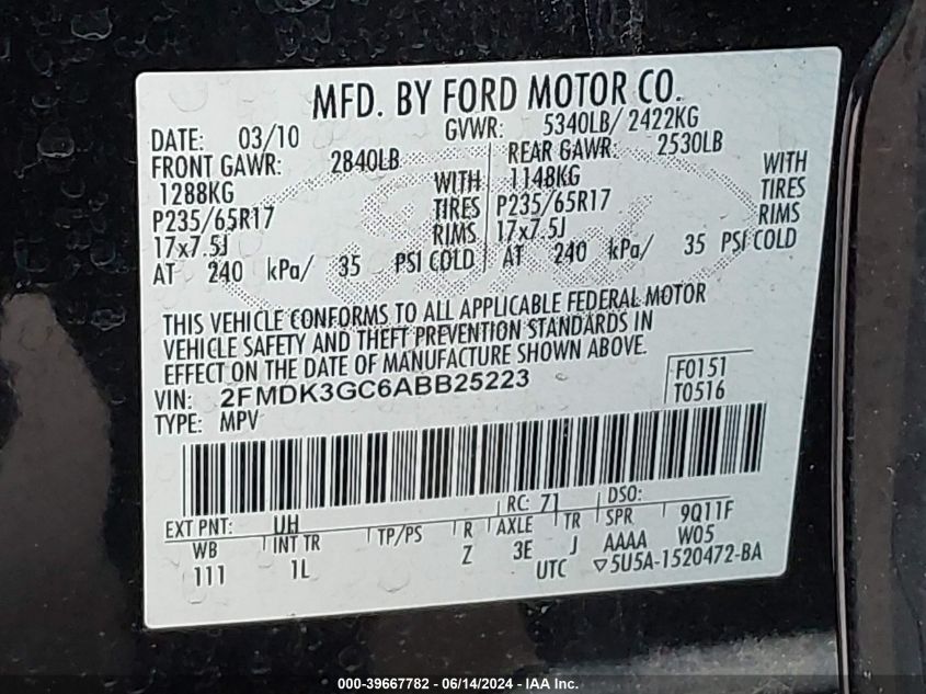 2010 Ford Edge Se VIN: 2FMDK3GC6ABB25223 Lot: 39667782