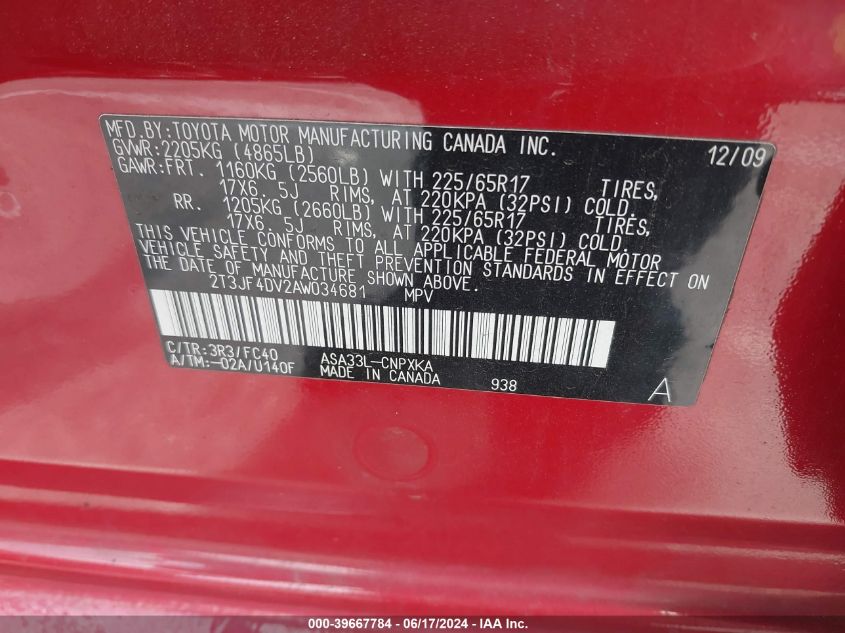 2010 Toyota Rav4 VIN: 2T3JF4DV2AW034681 Lot: 39667784