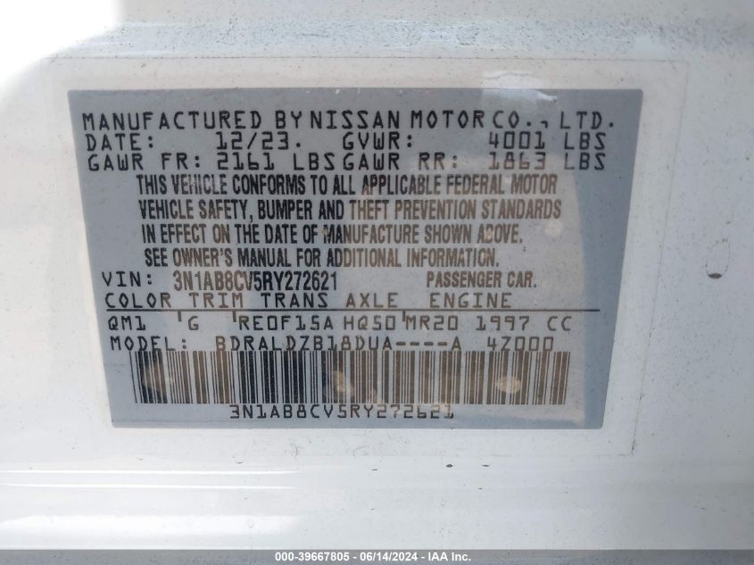 2024 Nissan Sentra Sv Xtronic Cvt VIN: 3N1AB8CV5RY272621 Lot: 39667805