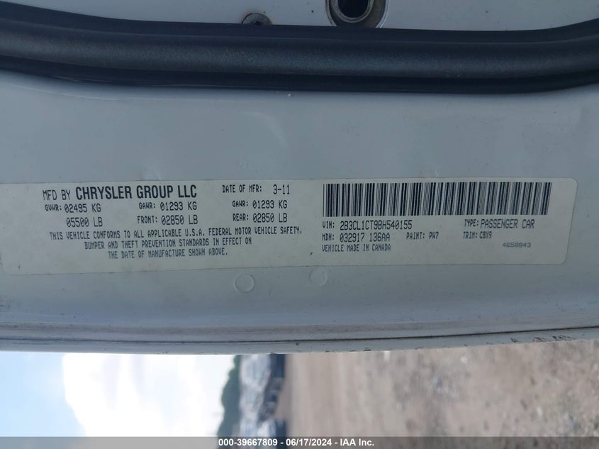 2011 Dodge Charger Police VIN: 2B3CL1CT9BH540155 Lot: 39667809