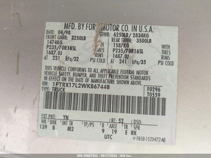 1998 Ford F-150 Lariat/Xl/Xlt VIN: 1FTRX17L2WKB67448 Lot: 39667822