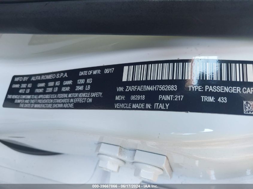 2017 Alfa Romeo Giulia Rwd VIN: ZARFAEBN4H7562683 Lot: 39667866