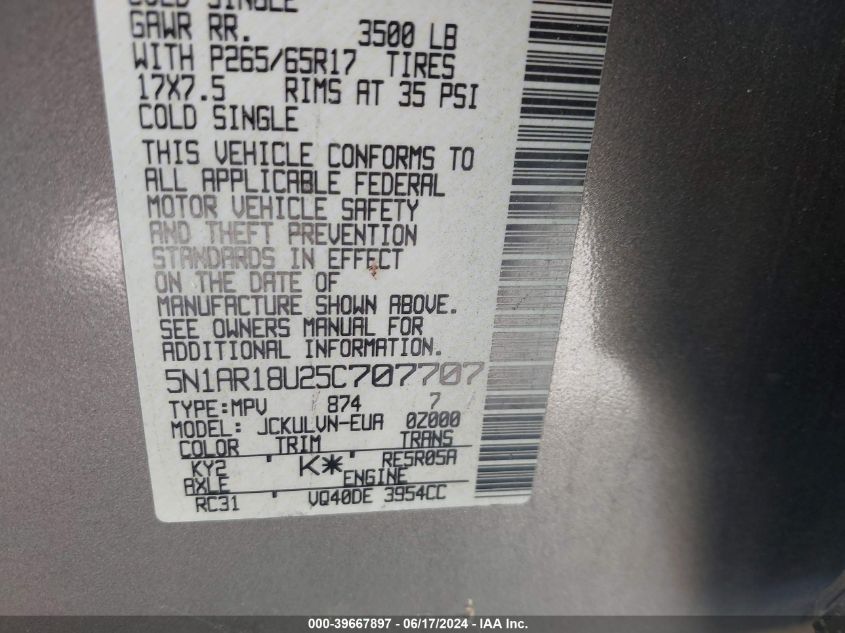 2005 Nissan Pathfinder Le VIN: 5N1AR18U25C707707 Lot: 39667897