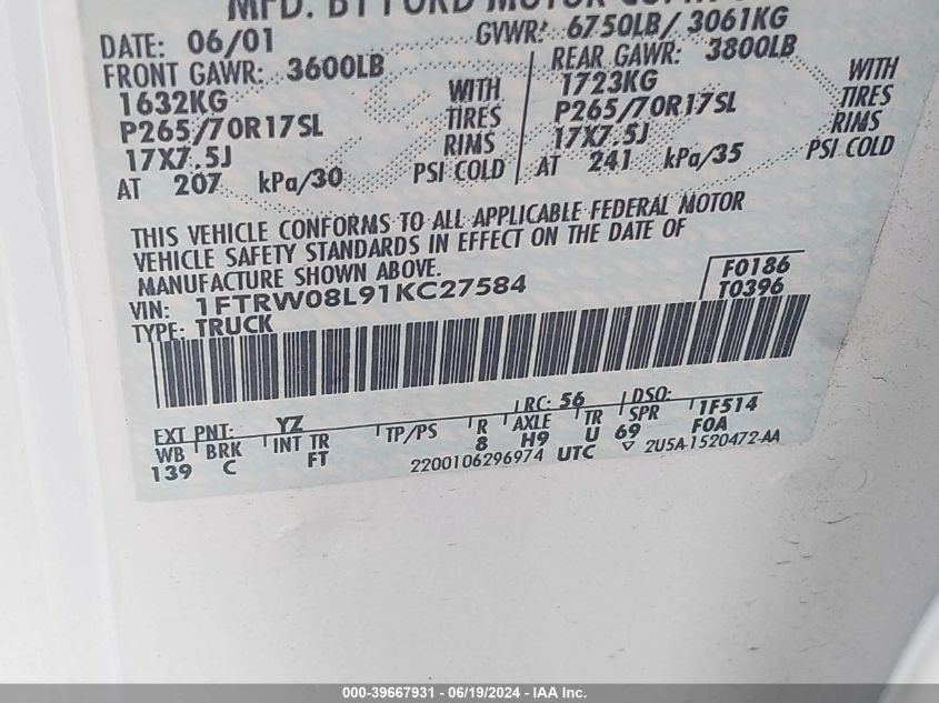 2001 Ford F-150 King Ranch Edition/Lariat/Xlt VIN: 1FTRW08L91KC27584 Lot: 39667931