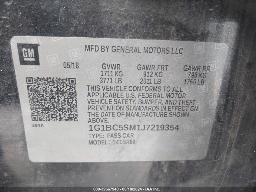 2018 Chevrolet Cruze Ls Auto VIN: 1G1BC5SM1J7219354 Lot: 39667940