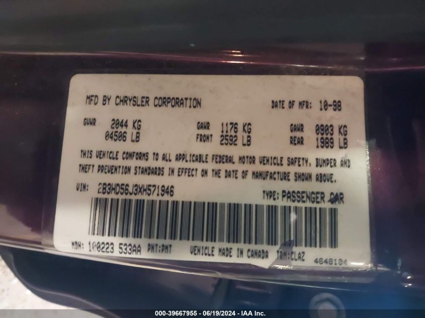 1999 Dodge Intrepid Es VIN: 2B3HD56J3XH571946 Lot: 39667955