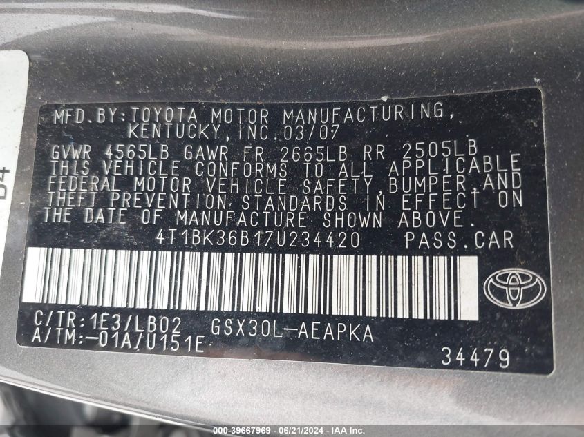 2007 Toyota Avalon Limited VIN: 4T1BK36B17U234420 Lot: 39667969