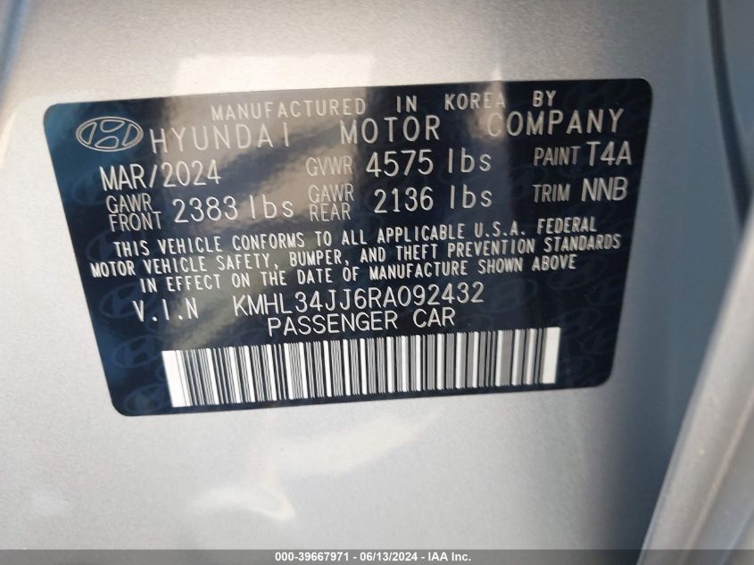 KMHL34JJ6RA092432 2024 Hyundai Sonata Hybrid Sel