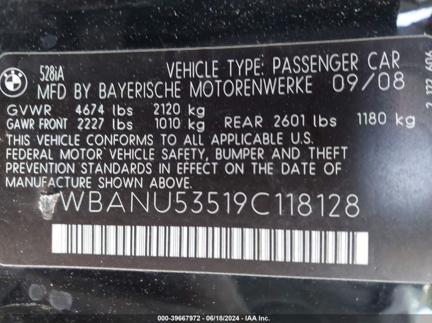 2009 BMW 528I VIN: WBANU53519C118128 Lot: 39667972