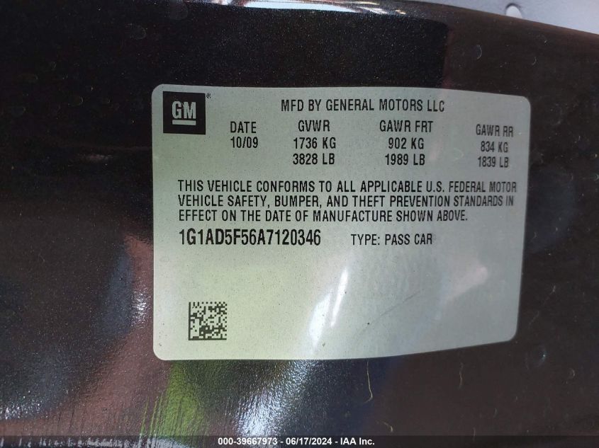 2010 Chevrolet Cobalt 1Lt VIN: 1G1AD5F56A7120346 Lot: 39667973