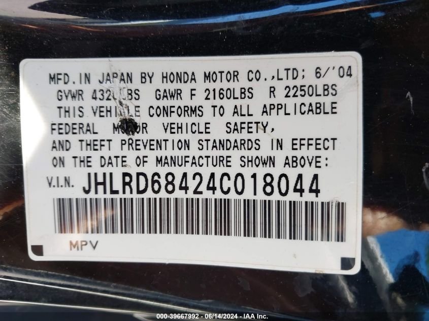 2004 Honda Cr-V Lx VIN: JHLRD68424C018044 Lot: 39667992
