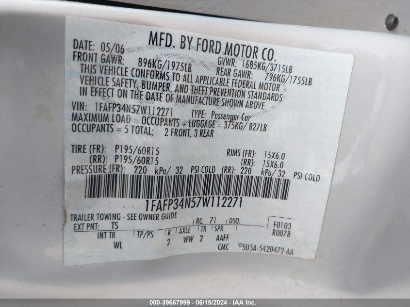 2007 Ford Focus Zx4/S/Se/Ses VIN: 1FAFP34N57W112271 Lot: 39667999