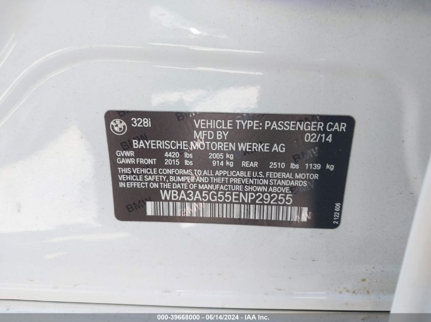 2014 BMW 328I VIN: WBA3A5G55ENP29255 Lot: 39668000