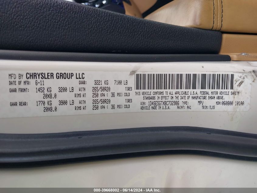 2011 Dodge Durango Citadel VIN: 1D4SE5GTXBC732986 Lot: 39668002