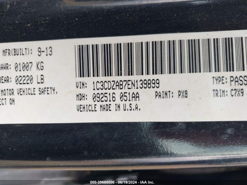 2014 Dodge Avenger Se VIN: 1C3CDZAB7EN139899 Lot: 39668008