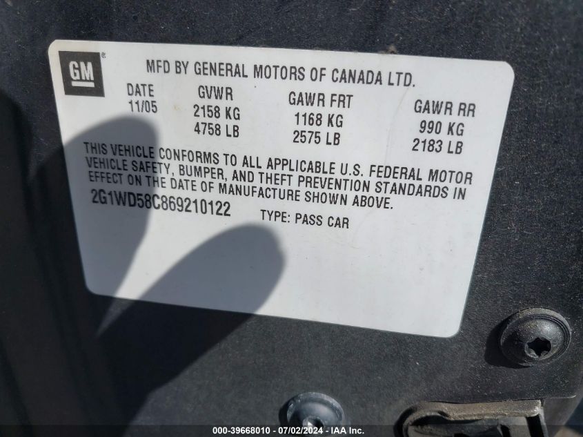 2006 Chevrolet Impala Ss VIN: 2G1WD58C869210122 Lot: 39668010