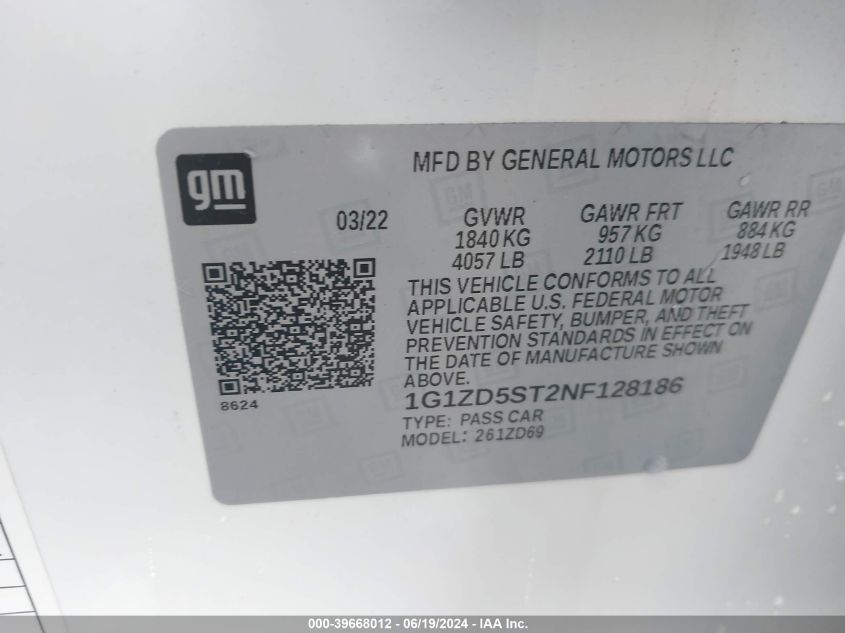 2022 CHEVROLET MALIBU LT - 1G1ZD5ST2NF128186