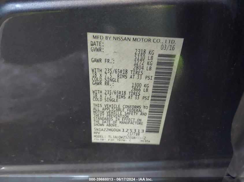 2016 Nissan Murano Sv VIN: 5N1AZ2MG0GN125313 Lot: 39668013