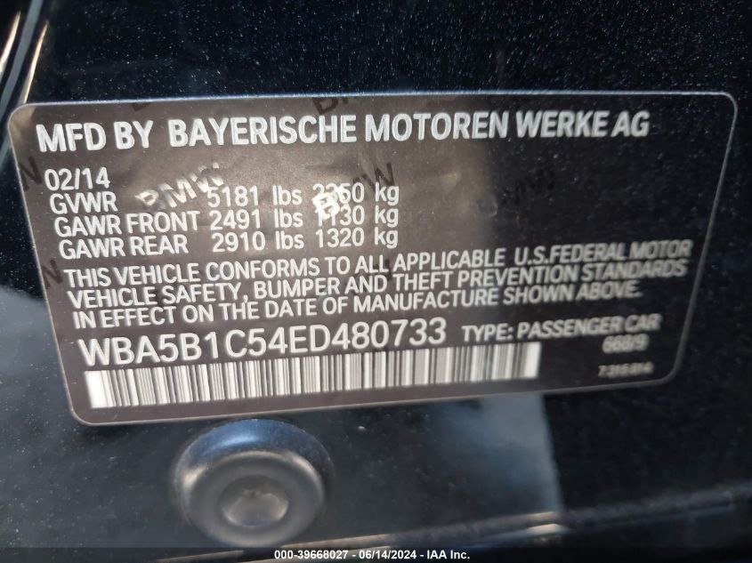 2014 BMW 535I VIN: WBA5B1C54ED480733 Lot: 39668027