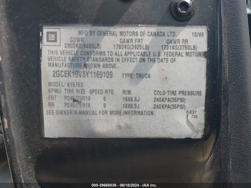 2000 Chevrolet Silverado 1500 VIN: 2GCEK19V3Y1169109 Lot: 39668036