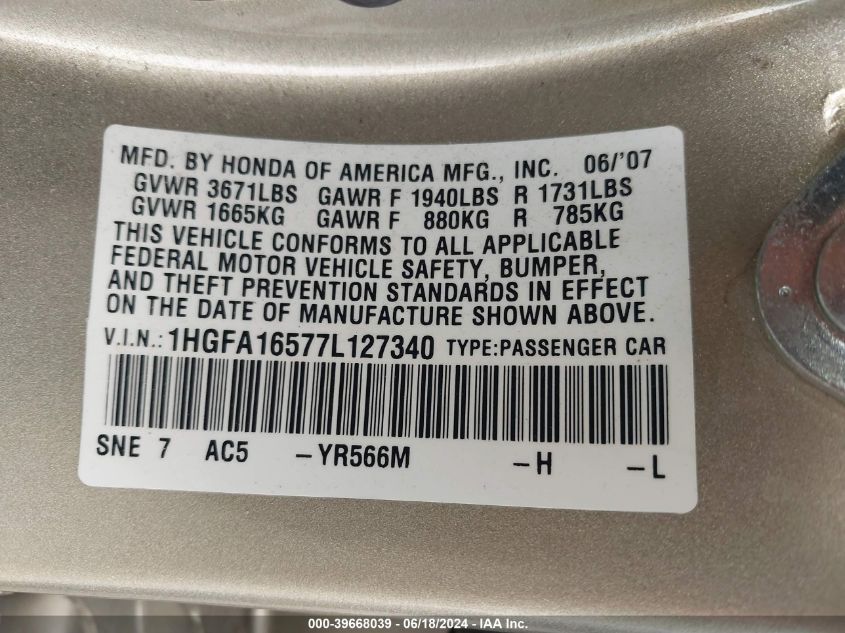 2007 Honda Civic Lx VIN: 1HGFA16577L127340 Lot: 39668039