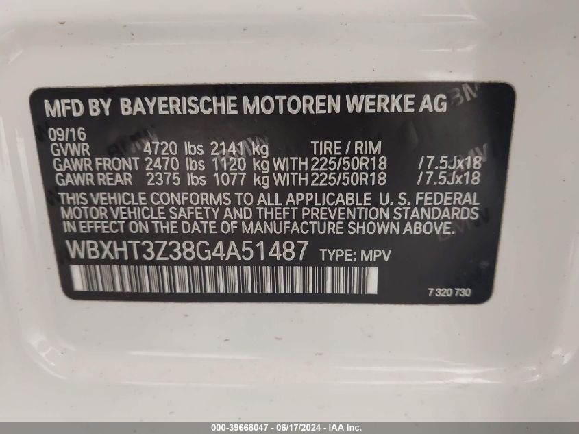 2016 BMW X1 xDrive28I VIN: WBXHT3Z38G4A51487 Lot: 39668047