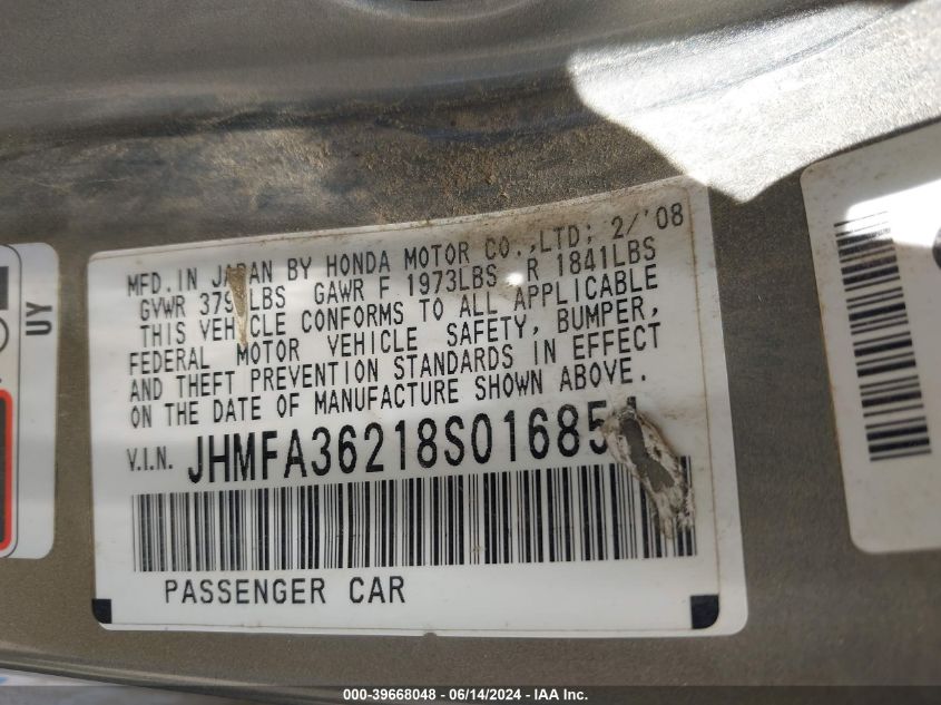 2008 Honda Civic Hybrid VIN: JHMFA36218S016854 Lot: 39668048