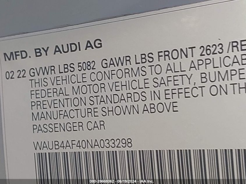 2022 Audi S4 Premium Plus Tfsi Quattro Tiptronic VIN: WAUB4AF40NA033298 Lot: 39668062