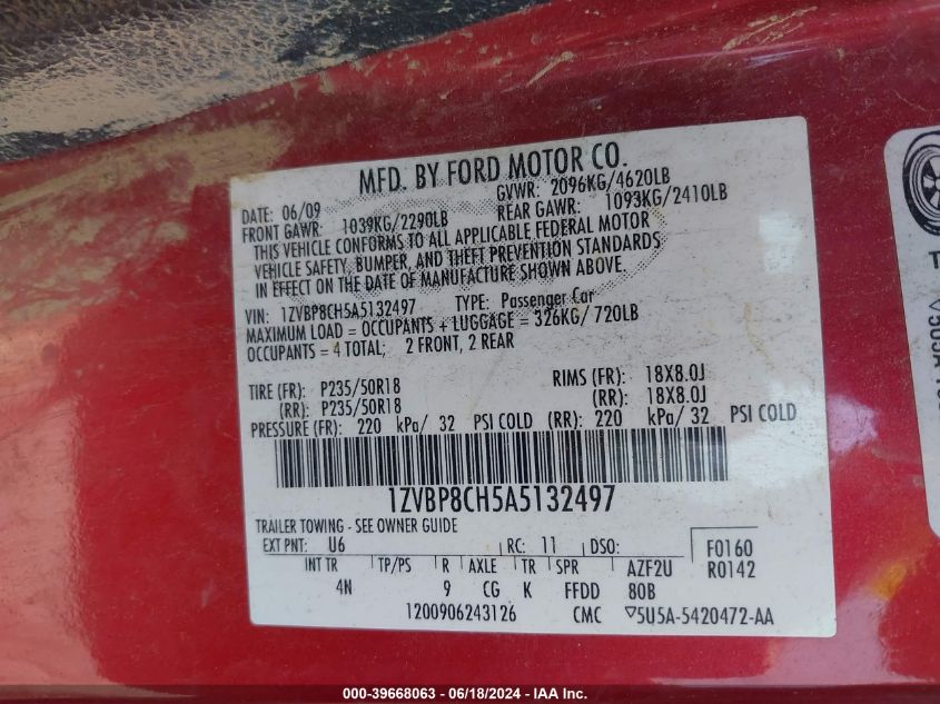 2010 Ford Mustang Gt Premium VIN: 1ZVBP8CH5A5132497 Lot: 39668063