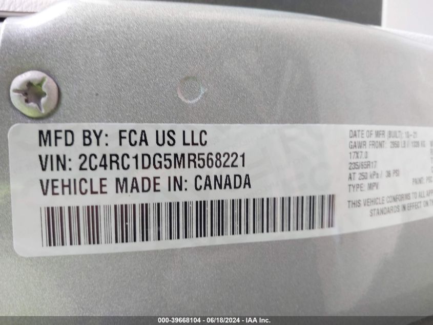 2021 Chrysler Voyager Lxi VIN: 2C4RC1DG5MR568221 Lot: 39668104