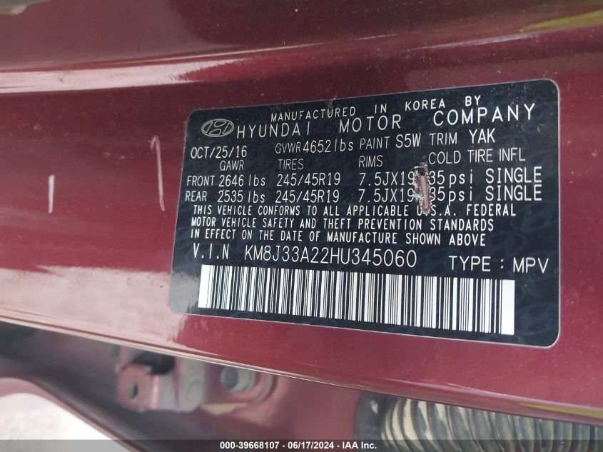 2017 Hyundai Tucson Limited VIN: KM8J33A22HU345060 Lot: 39668107