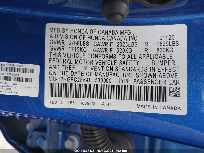 2020 Honda Civic Lx VIN: 2HGFC2F64LH530000 Lot: 39668138