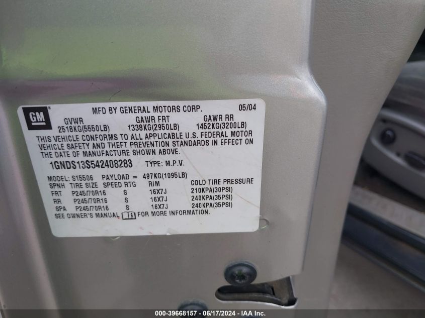 2004 Chevrolet Trailblazer Ls VIN: 1GNDS13S542408283 Lot: 39668157