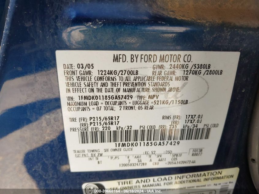 2005 Ford Freestyle Se VIN: 1FMDK01185GA57429 Lot: 39668164