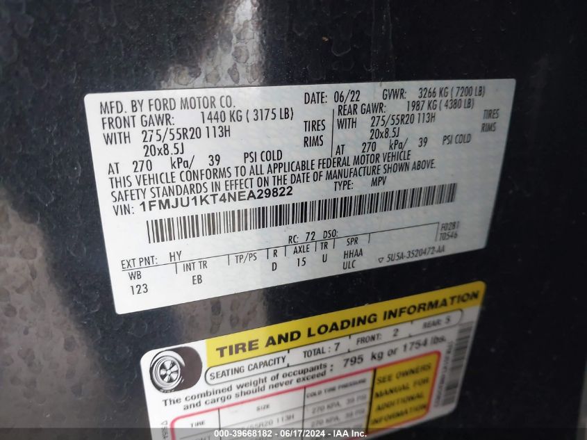 2022 Ford Expedition Limited VIN: 1FMJU1KT4NEA29822 Lot: 39668182