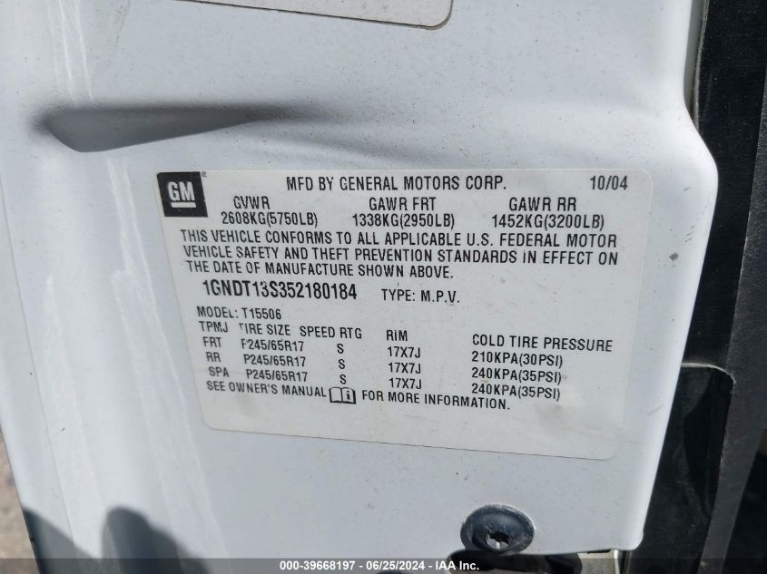 2005 Chevrolet Trailblazer Lt VIN: 1GNDT13S352180184 Lot: 39668197
