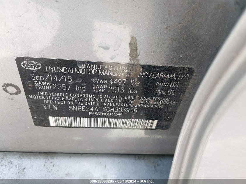 2016 Hyundai Sonata Se VIN: 5NPE24AFXGH303956 Lot: 39668205